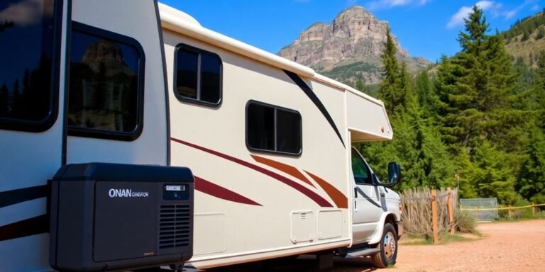 RV parked in nature, powering up with an Onan generator.