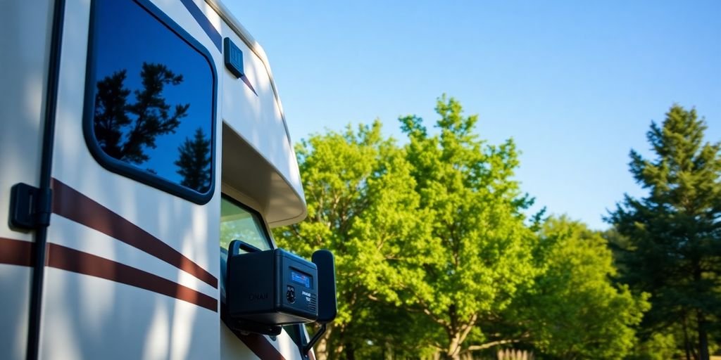 RV with an Onan genset running in a scenic campsite.