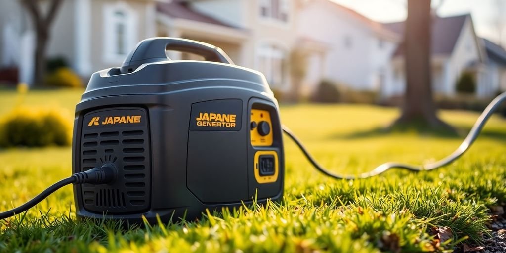 Japanese generators: powering home, surrounded by green landscape.