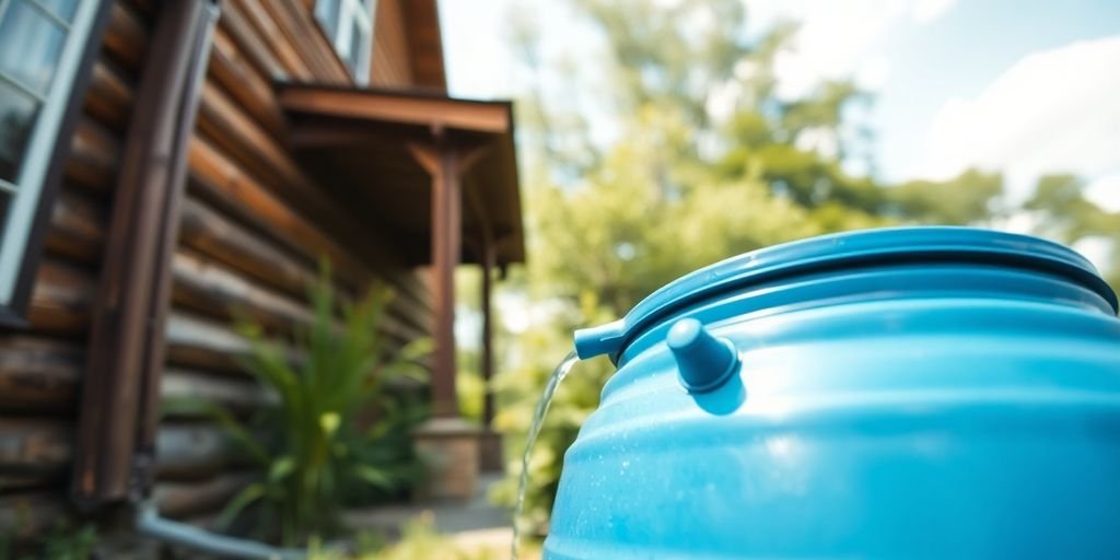 Rainwater harvesting barrel next to house.