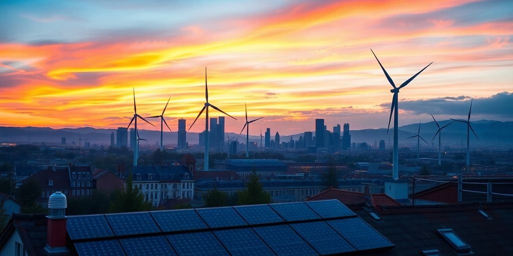 Wind turbines, solar panels, European city skyline.