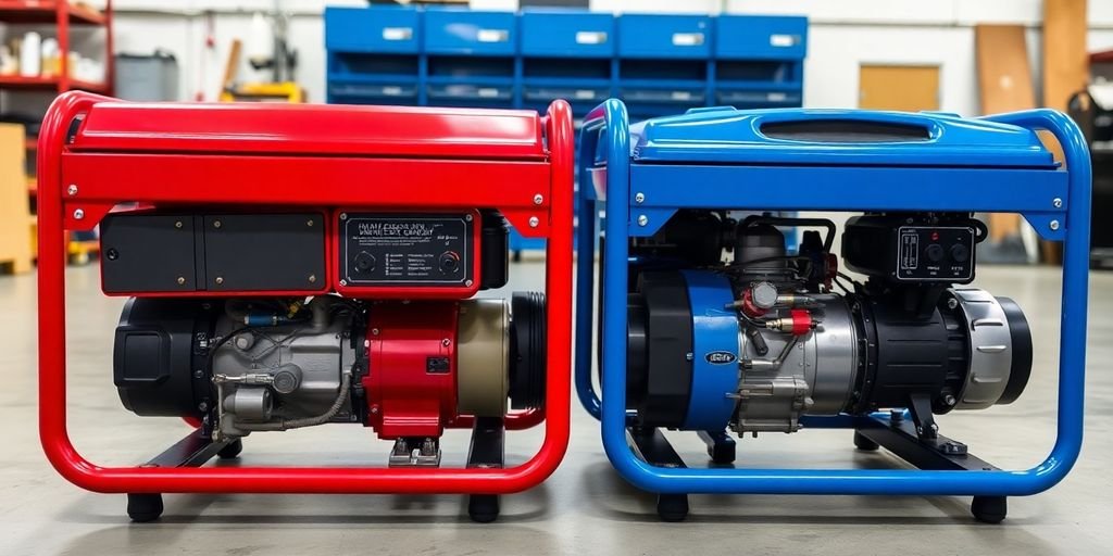 Two generators side-by-side, one red, one blue.