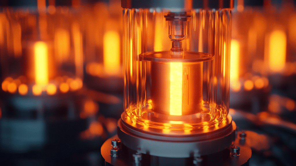 An SMR AP1000 reactor glowing with yellow light.