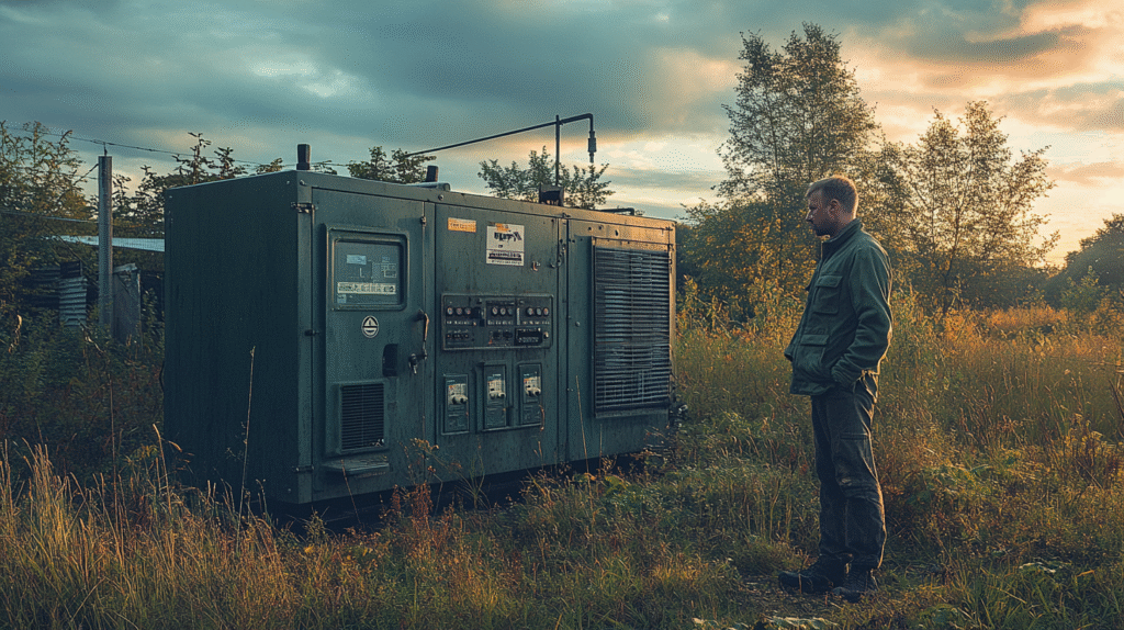 man standing next to a diesel generator