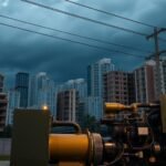 Diesel generator powering modern buildings during outage.