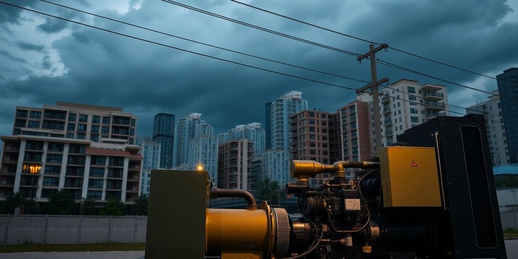 Diesel generator powering modern buildings during outage.