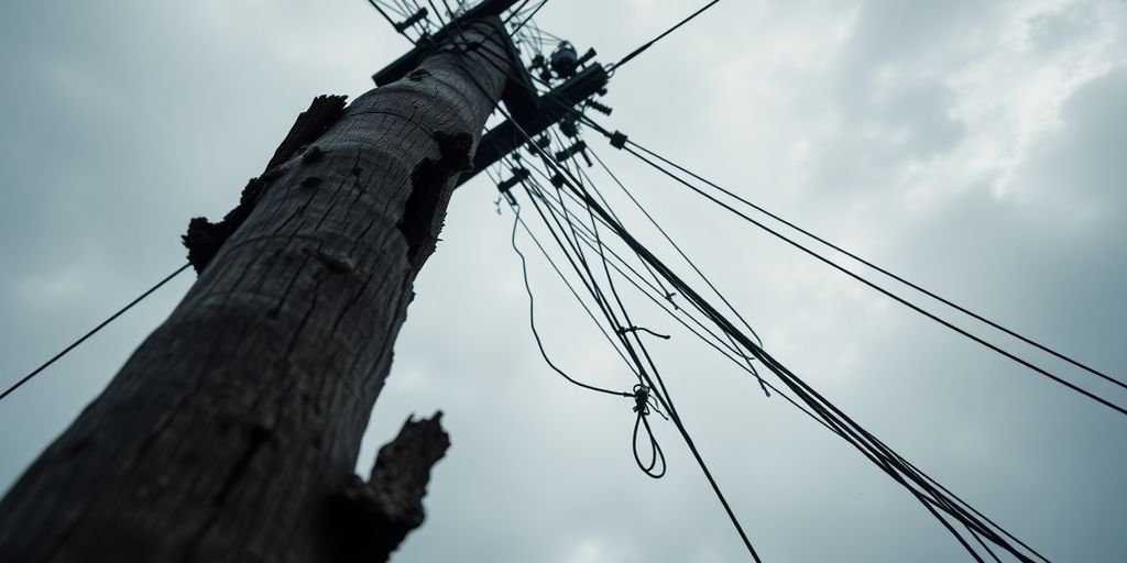 Damaged power lines, broken utility pole