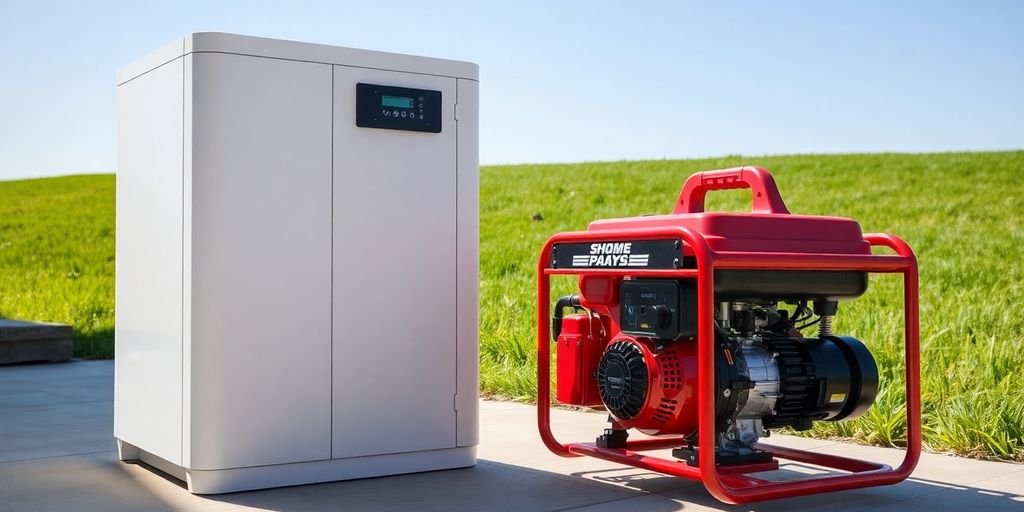 Home battery and outdoor generator side-by-side.