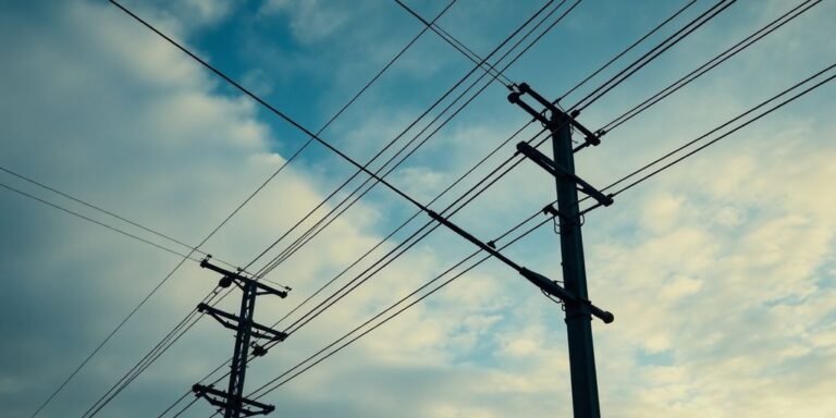 Power lines against a cloudy sky