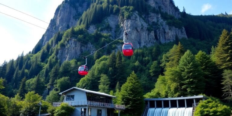 Gondola cabins ascend mountain with hydroelectric facility.