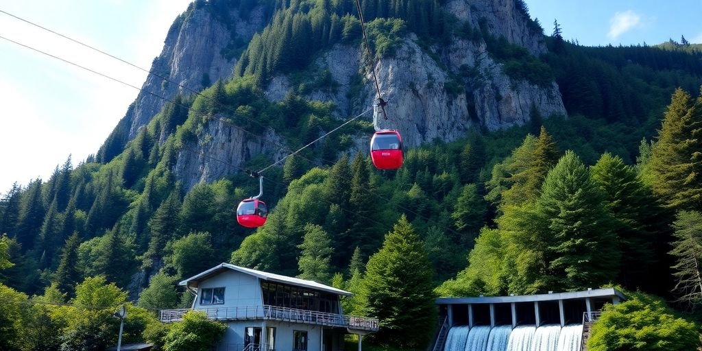Gondola cabins ascend mountain with hydroelectric facility.