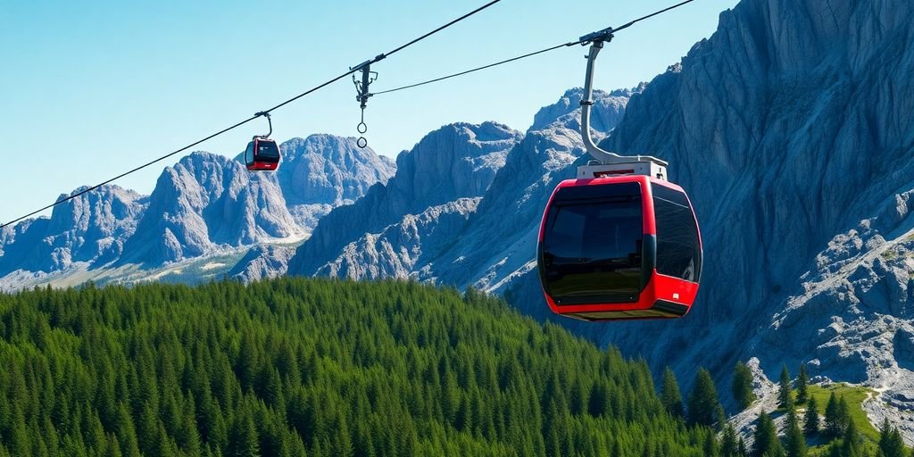 Gondola cabins ascend mountain with hydroelectric facility.