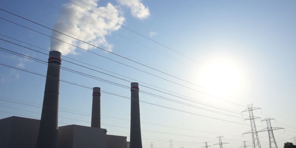 Power plant with transmission lines in sunlight.