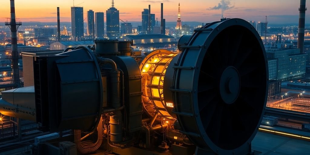Modern gas turbine generator powering a city.