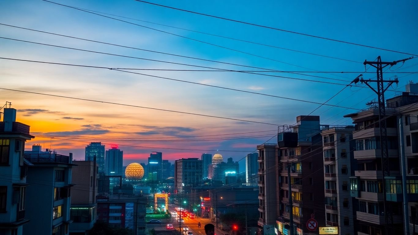 Cityscape with illuminated buildings and power lines at dusk.