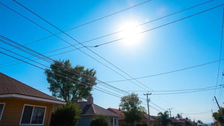 Neighborhood street with power lines and sun.