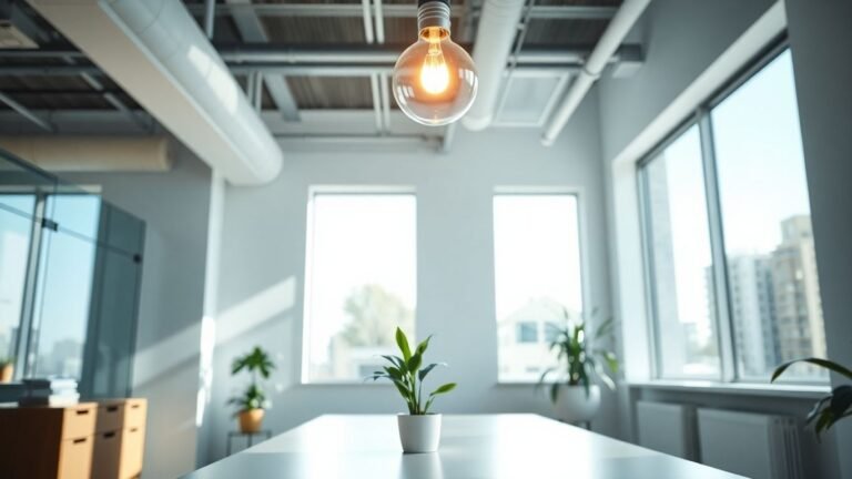 Office with glowing lightbulb and sunlight.