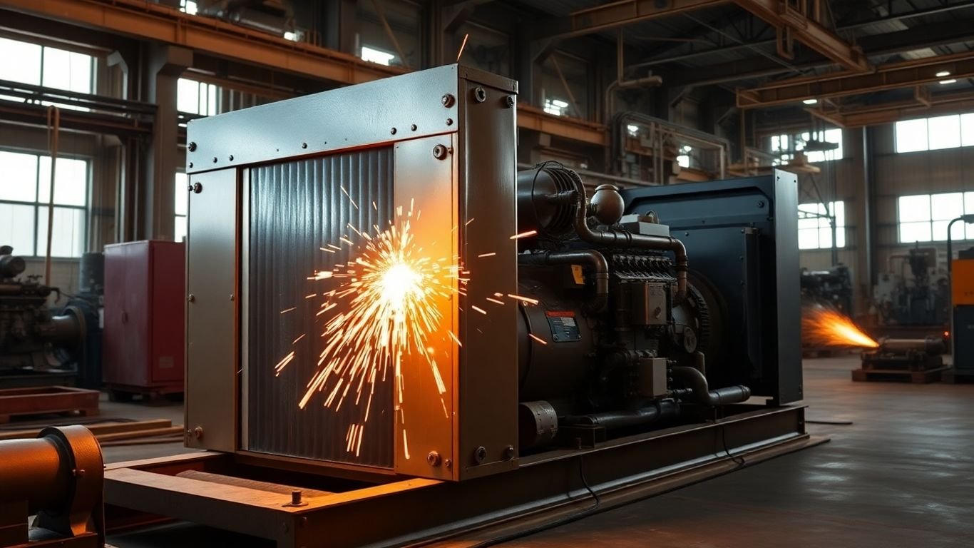 Industrial generator and welding sparks in a factory.