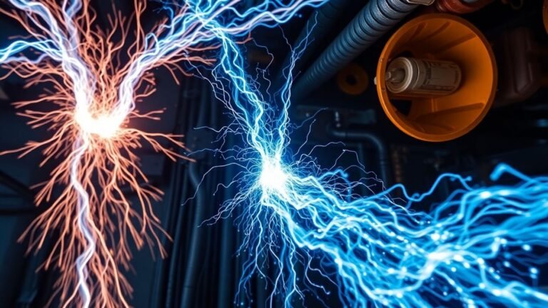 Three powerful electrical currents flowing through industrial conduits.
