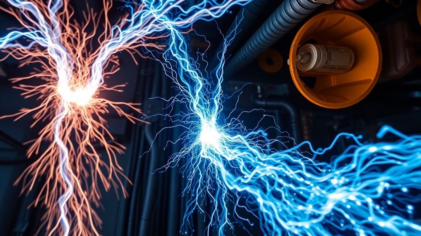 Three powerful electrical currents flowing through industrial conduits.