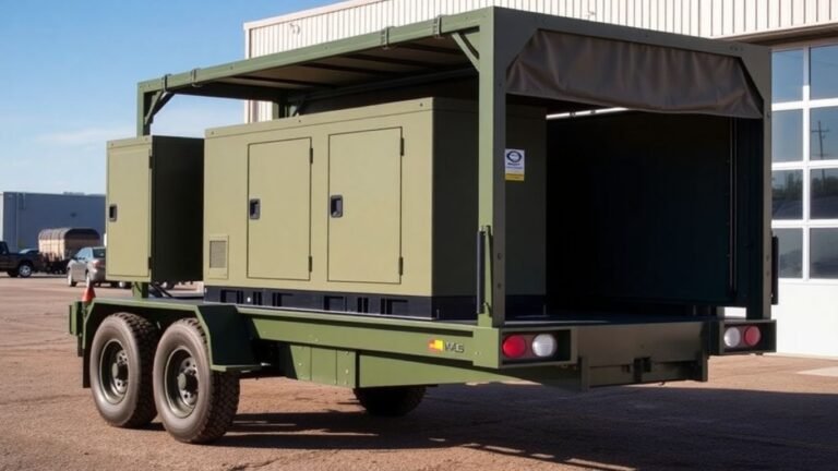 Military generator trailer parked outdoors.