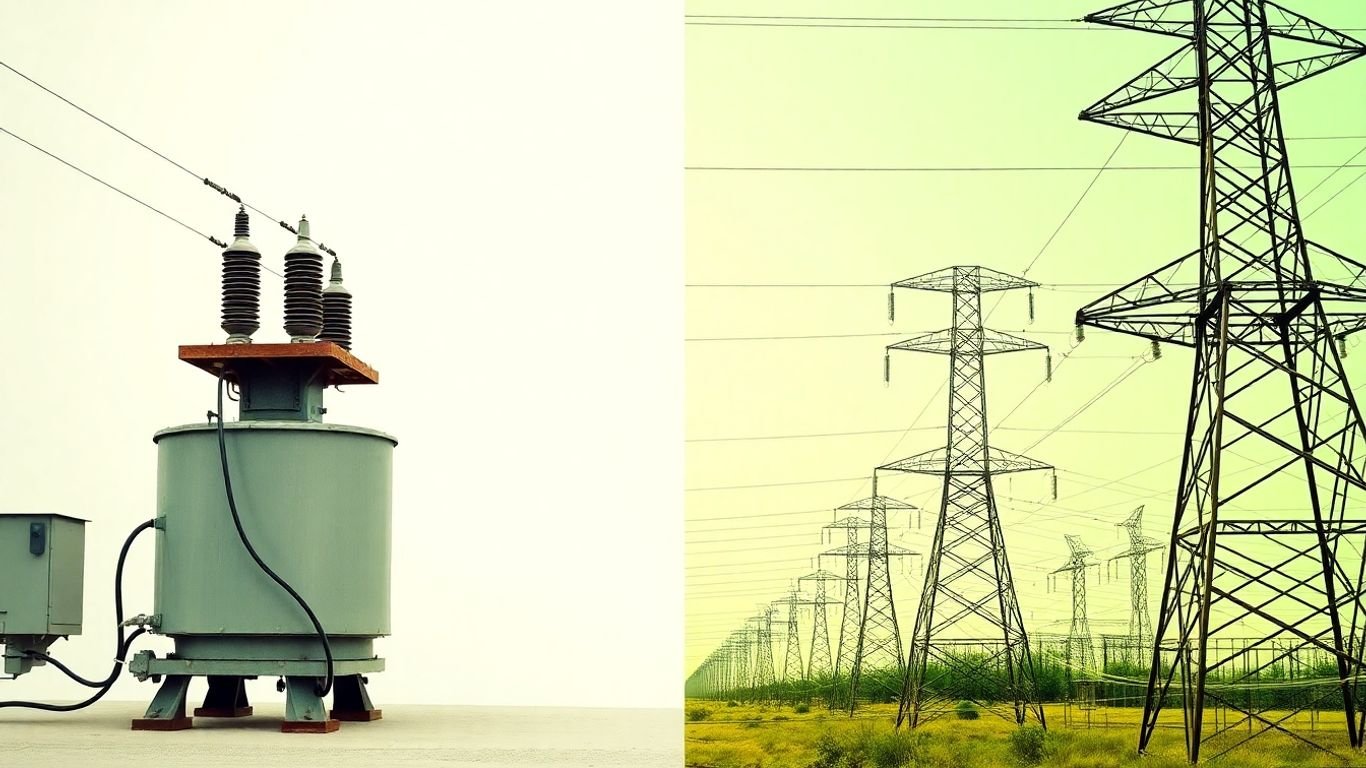 Vintage transformer next to modern power grid infrastructure.