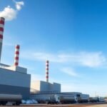 Swedish waste-to-energy plant with smokestacks and trucks.