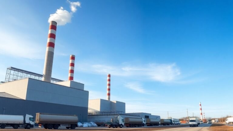Swedish waste-to-energy plant with smokestacks and trucks.