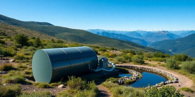 Off-grid sewage system in a lush, remote landscape.