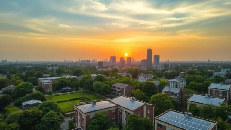 Sustainable city skyline with green spaces and solar panels.