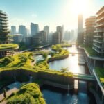 Climate-adaptive city with green spaces and water features.