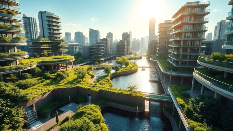Climate-adaptive city with green spaces and water features.