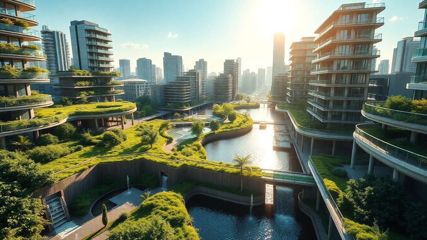 Climate-adaptive city with green spaces and water features.