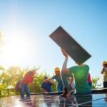 Community members installing solar panels on a sunny day.