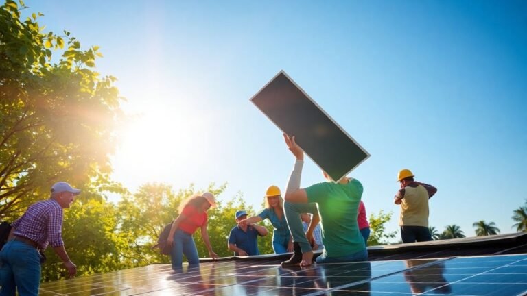Community members installing solar panels on a sunny day.