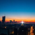 Urban microgrid powering a city skyline at night.