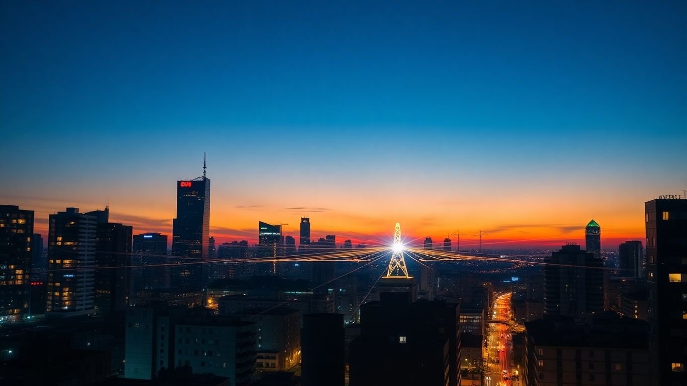 Urban microgrid powering a city skyline at night.