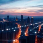 Decentralized grid connecting city buildings with glowing energy lines.