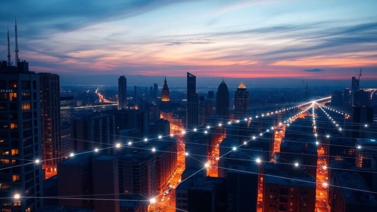 Decentralized grid connecting city buildings with glowing energy lines.