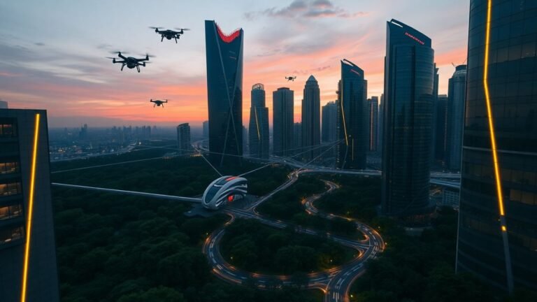 Futuristic smart city with glowing connections and drones.