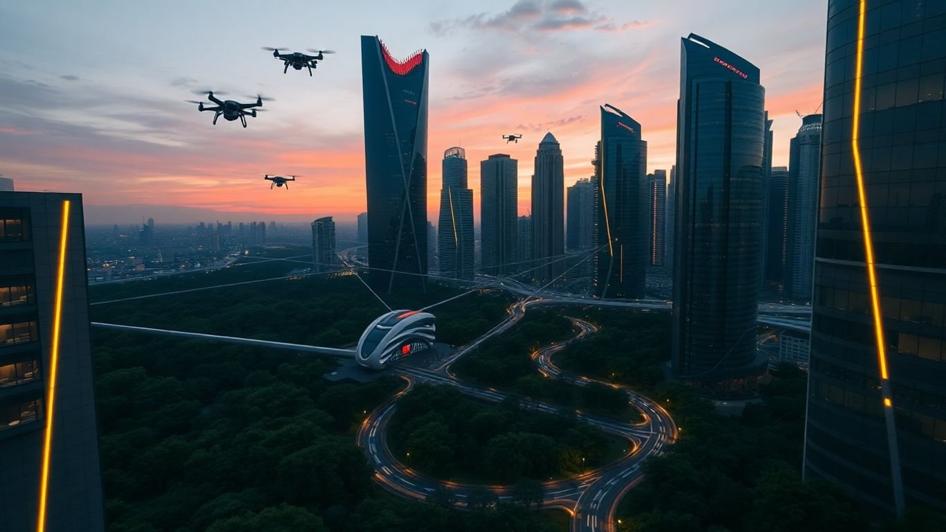 Futuristic smart city with glowing connections and drones.
