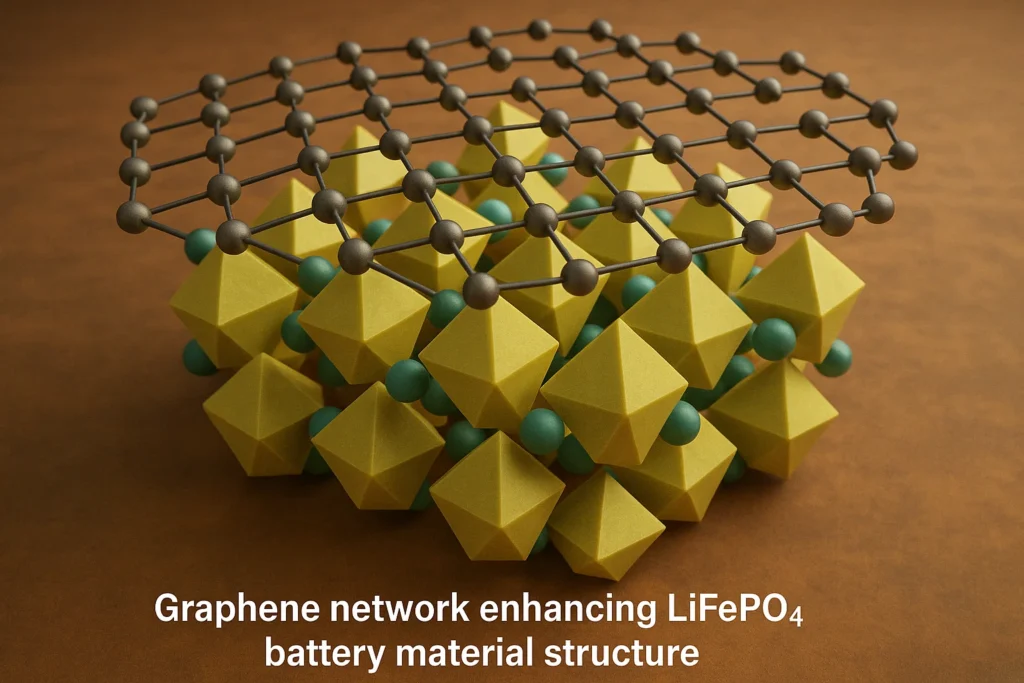 Graphene network enhancing LiFePO4 battery material structure.