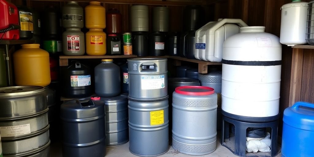 Fuel tanks, barrels, and containers in secure, organized storage area.