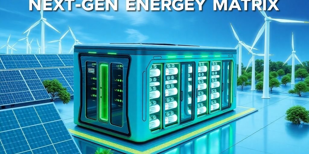 Futuristic energy storage facility with solar panels and turbines.