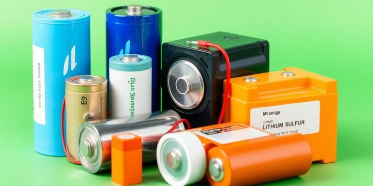 Different innovative battery types on a green background.