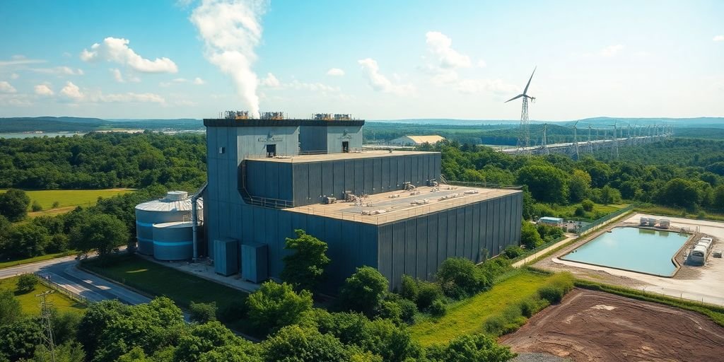 Modern incinerator technology amid green landscapes and clean energy.