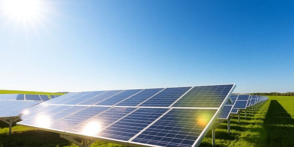 Solar panels angled for optimal sun exposure in a landscape.