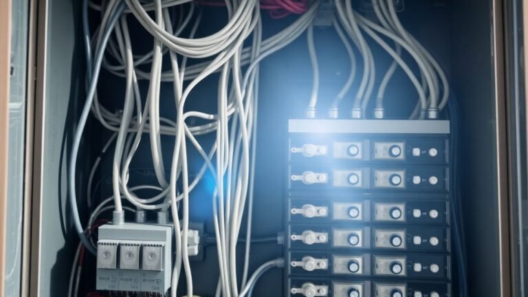 Electrical load panel with wires and circuit breakers.