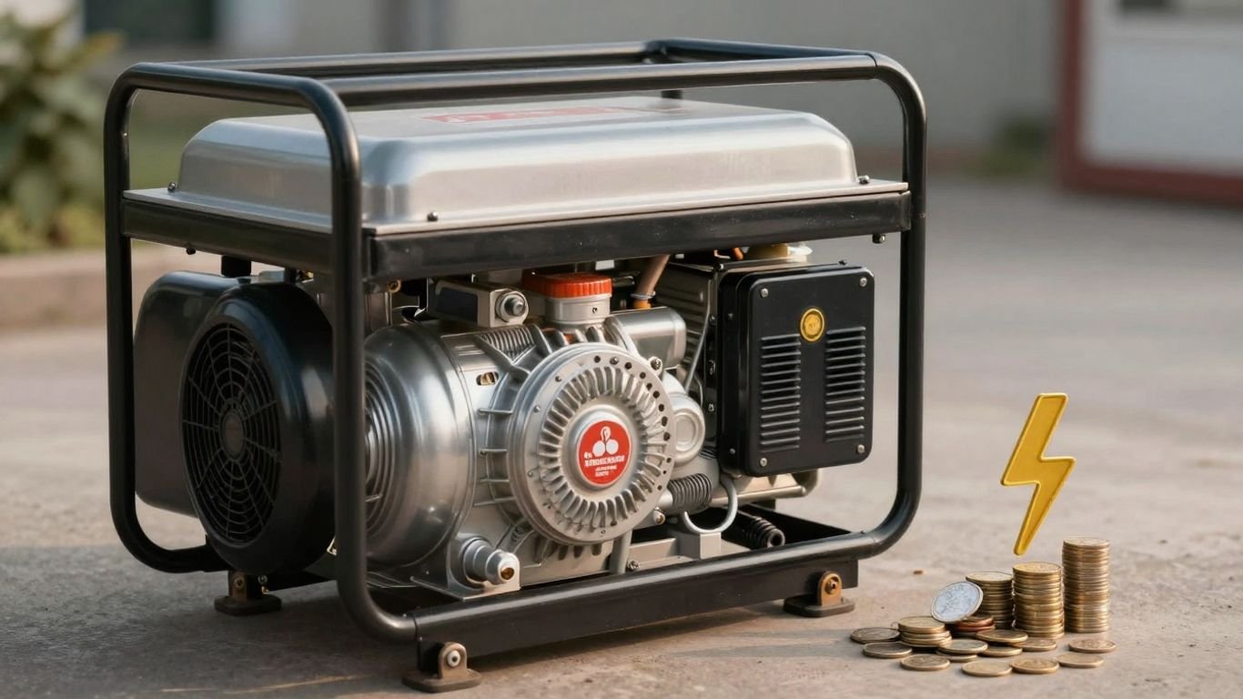 Diesel generator with coins and electricity symbol.