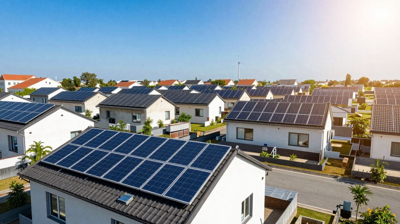 Neighborhood with solar panels and wind turbine.